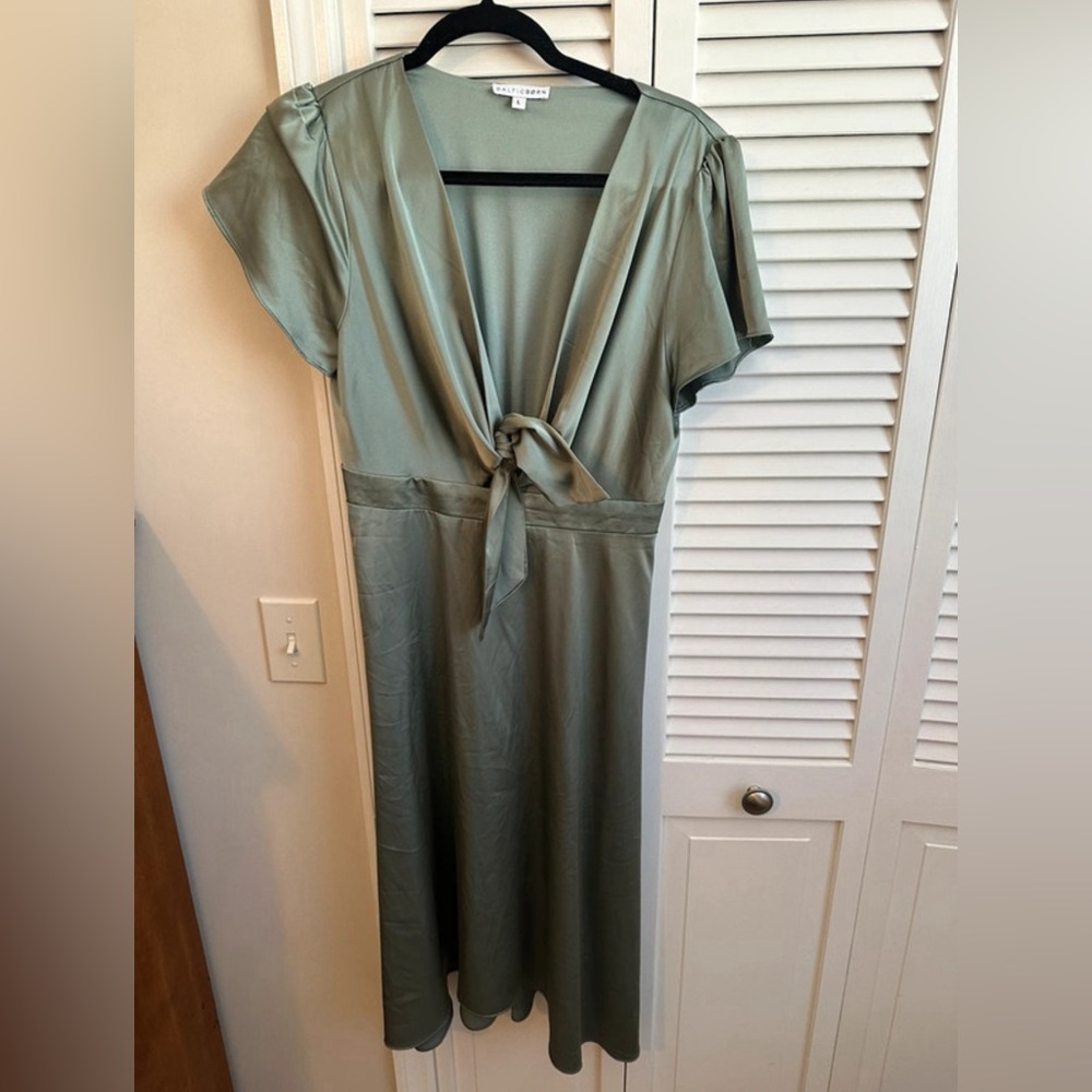 Baltic Born Large Eucalyptus Green Satin Midi Tie Front Dress